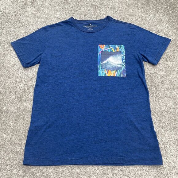 American Eagle Outfitters Wave Pocket Tee Mens Medium Heather Blue Beach T-Shirt - Picture 1 of 12
